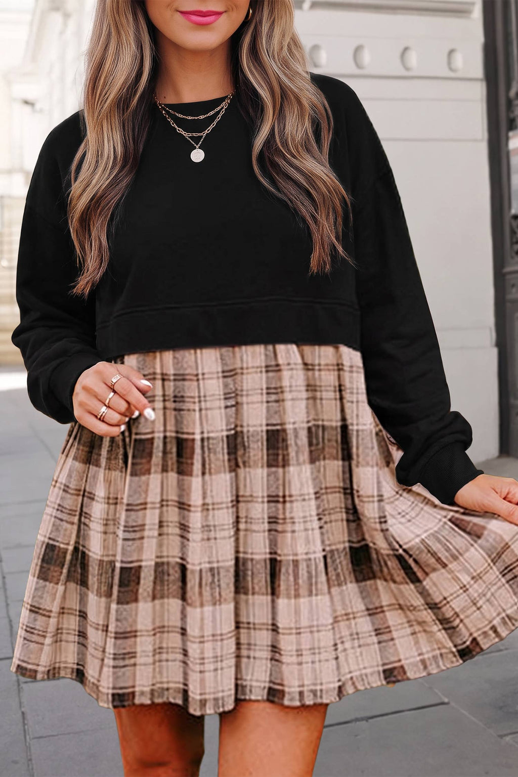 Women's Casual Plaid Crewneck Sweatshirt Mini Dress