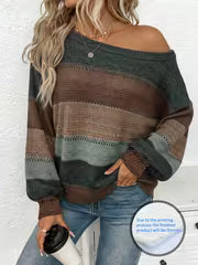Lightweight Off-the-Shoulder Sweater, Caramel Brown Plaid One-Shoulder Top, Vintage Academic Style Rhombus — view 1