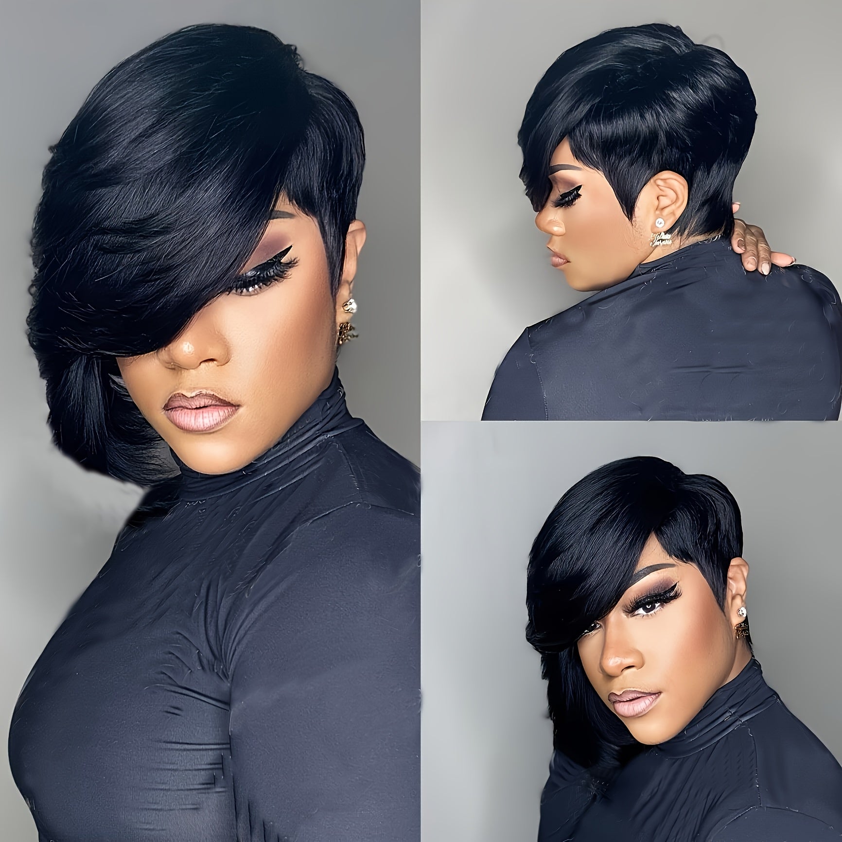 Women' Short Pixie Cut Wig with Bangs - Virgin Hair Straight Black Wig Suitable for Skin Tones, Breathable Elastic Mesh Cap, Layered Density for Daily Wear & Parties, Comfortable Wig for Parties and Everyday Hairstyle