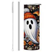 1pc 20oz Christmas Pumpkin Themed Pattern Tumbler with Lid and Straw, Stainless Steel Insulated Hot and Cold — view 9