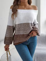 Elegant Off-Shoulder Striped Sweater - Casual Lantern Long Sleeve, Acrylic Knit for Women - Perfect for — view 10