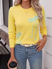 Women's Pullover Sweater with 3D Bow Appliqué Embroidery, Round Neck, Long Sleeves, Regular Fit, Casual Daily — view 12
