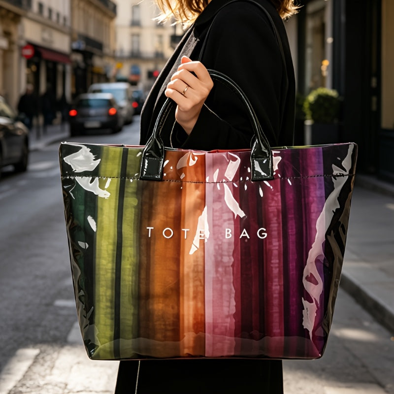 New Fashion Letter Pattern Stripe Contrast Women'S Tote Bag, Large Capacity Versatile Bohemian Style Elegant Women'S Shoulder Bag, Workplace Commuter Style Small Handbag, Gift for Partner (Fabric Pattern Randomly Trimmed)