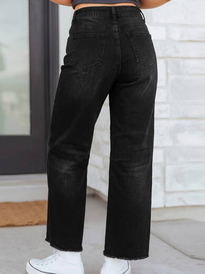 Black Sequin Ghost Graphic Raw Hem Casual Jeans — view 4