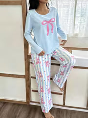 Women'S Casual Pajamas Cute Bow Print Long Sleeve Striped Pants Set — view 5