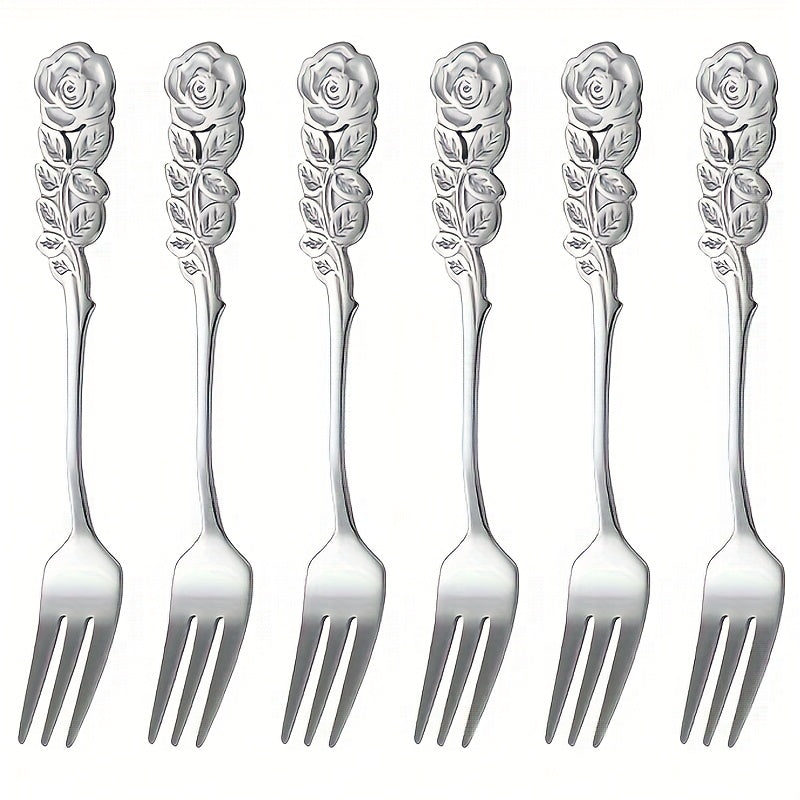 A Set of 6 Exquisite Rose-Shaped Dessert Forks, Made of High-Quality Stainless Steel, Elegant Flower-Shaped Cake Forks, Cute Utensils Suitable for Home Kitchens, Cafes, And Tea Parties