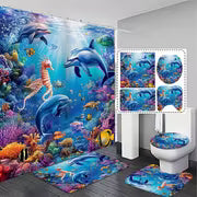 2D Flat, 4pcs Bathroom Decoration Set, Ocean Themed 2D FLAT Shower Curtain and Non-Slip Bath Mats Toilet Lid — view 2