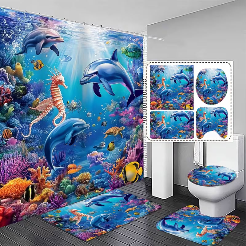 2D Flat, 4pcs Bathroom Decoration Set, Ocean Themed 2D FLAT Shower Curtain and Non-Slip Bath Mats Toilet Lid — view 12