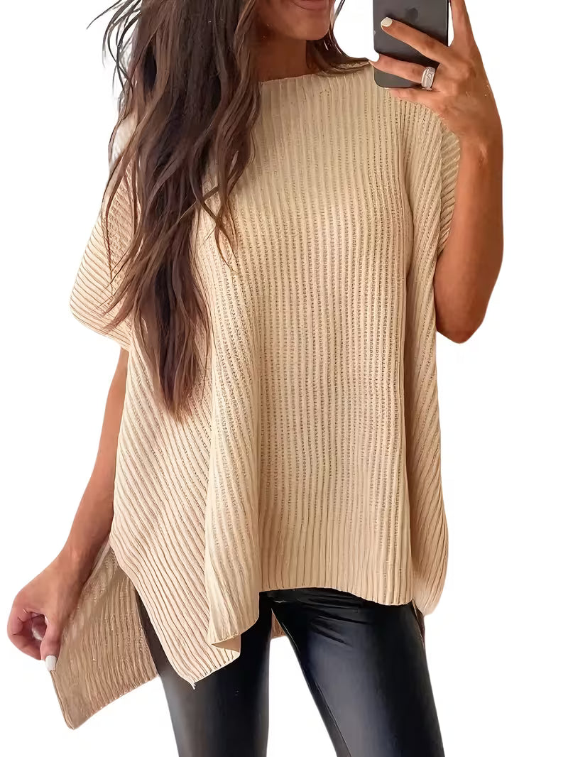 Casual Loose Solid Color Pullover Sweater, Fluffy Short Sleeve, Round Neck with Side Slit, Women'S, Single — view 2