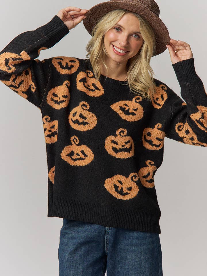 Halloween Pumpkin Print Knit Sweater - LESW4528 — view 2