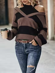 Women's Round Neck Sweater with Contrast Color Block Stripes, Waffle, Long Sleeves, Ribbed Cuffs, Loose Fit — view 1