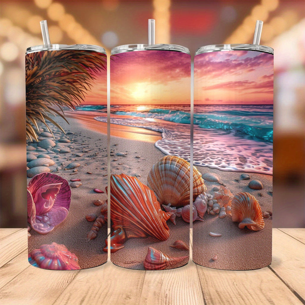 20oz Stainless Steel Tumbler with Seashell Beach Design - Vacuum Insulated Travel Mug with Lid and Straw