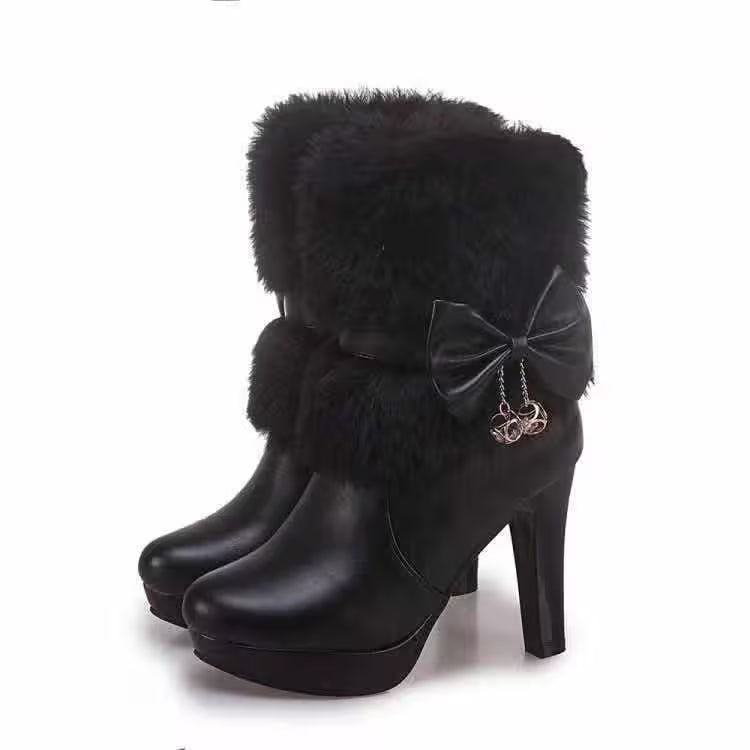 Ladies' Footwear, Cozy, Elevated Heels, Short Boots, Plush, Ribbon Detail, Adornment, Weather-Resistant, Trendy — view 16