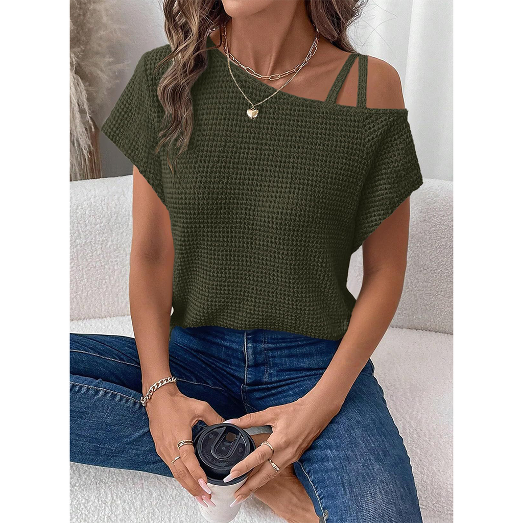 Short Sleeve Color Versatile Off-Shoulder Knit Top AXY048