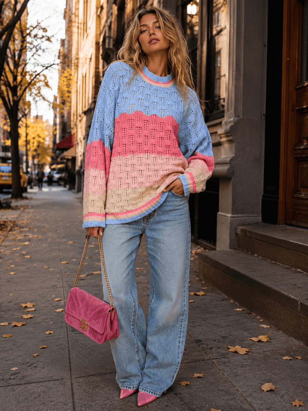 Women's long sleeve colorblock knit pullover sweater