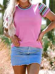 Bright Pink Contrast Printed Cap Sleeves Crewneck Sweater — view 4