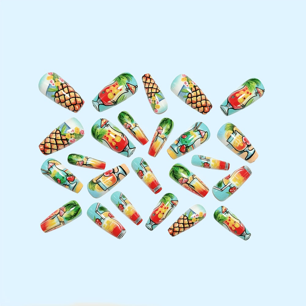 Upgrade Your Look: Long Ballet-Style Artificial Nails, Tropical Special Drink Comic-Style Protective Covers, Unique Art Style Artificial Nails, Wearable Nail Design, Glossy Nail Stickers, Removable Artificial Nails with Press-On Nails
