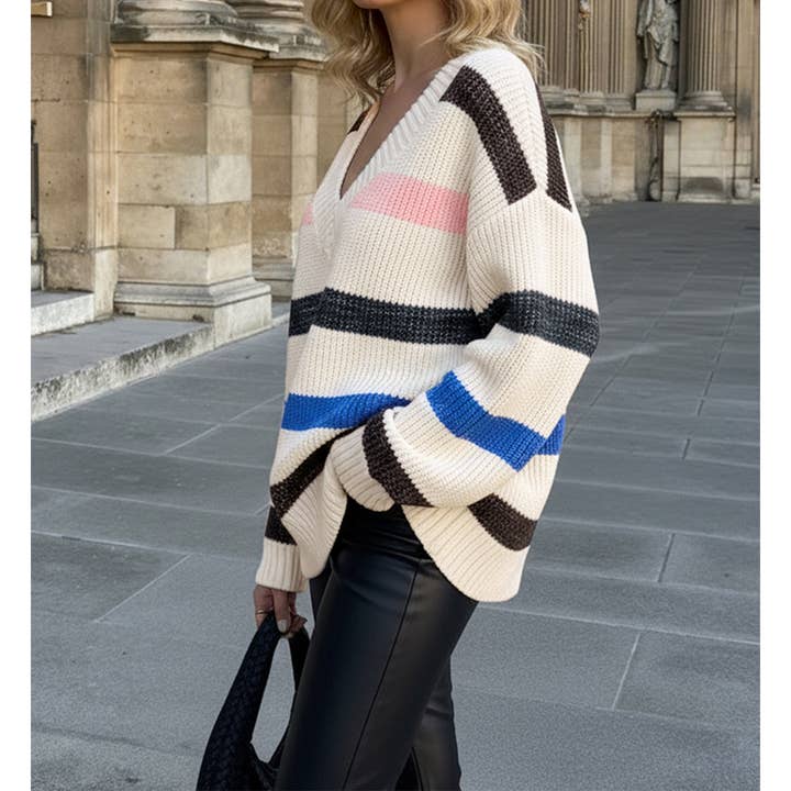 Vintage Color Block Striped V-Neck Knit Sweater BFZY2152