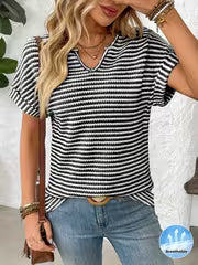 Women's V-Neck Short Sleeve Loose Fit Striped Casual Pullover T-Shirt - Black & White Horizontal Stripes, Ribbed — view 1