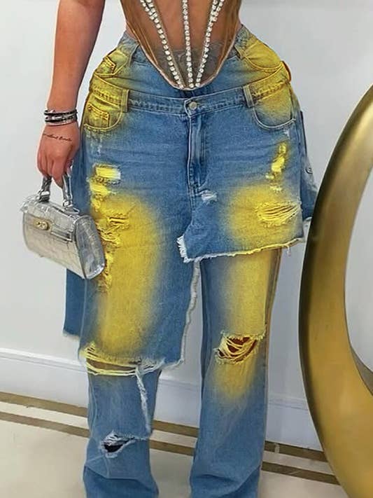 Ripped and Painted Detail Double Layer Denim Baggy Pants