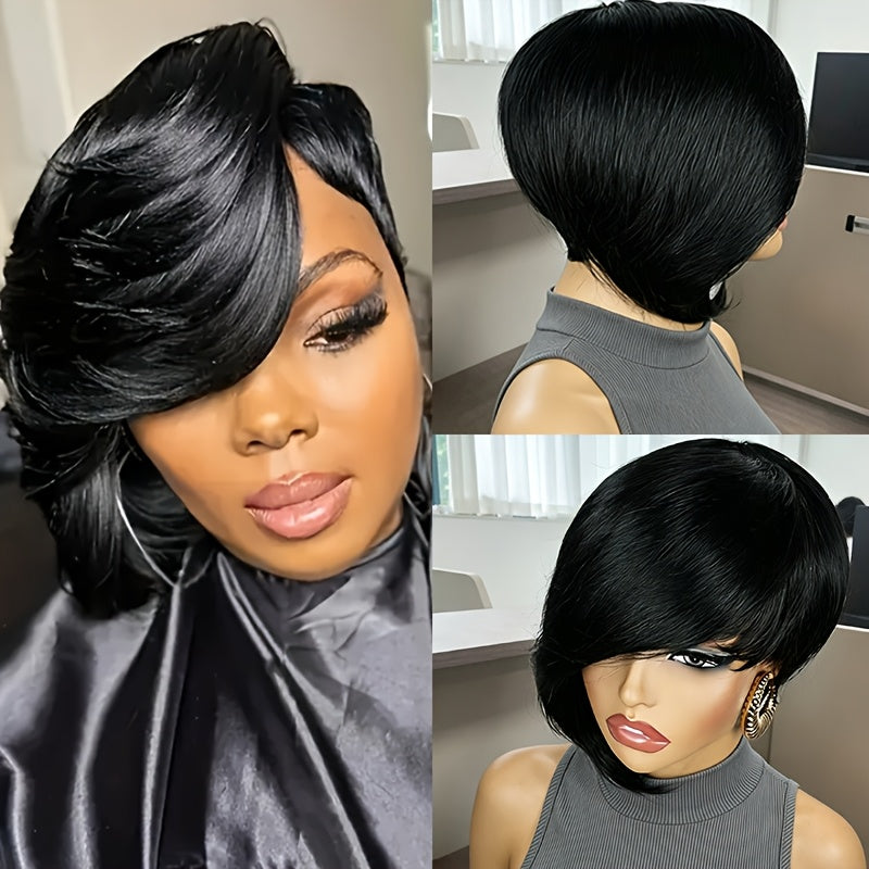 Women' Short Pixie Wig Human Hair Glueless Wig Suitable for Burgundy/Black/Chocolate Brown