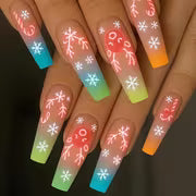 24pcs Long Coffin Press-On Nails, Gradient Matte Glow in Dark Christmas Elk Snowflake Candy Cane False Nails — view 1