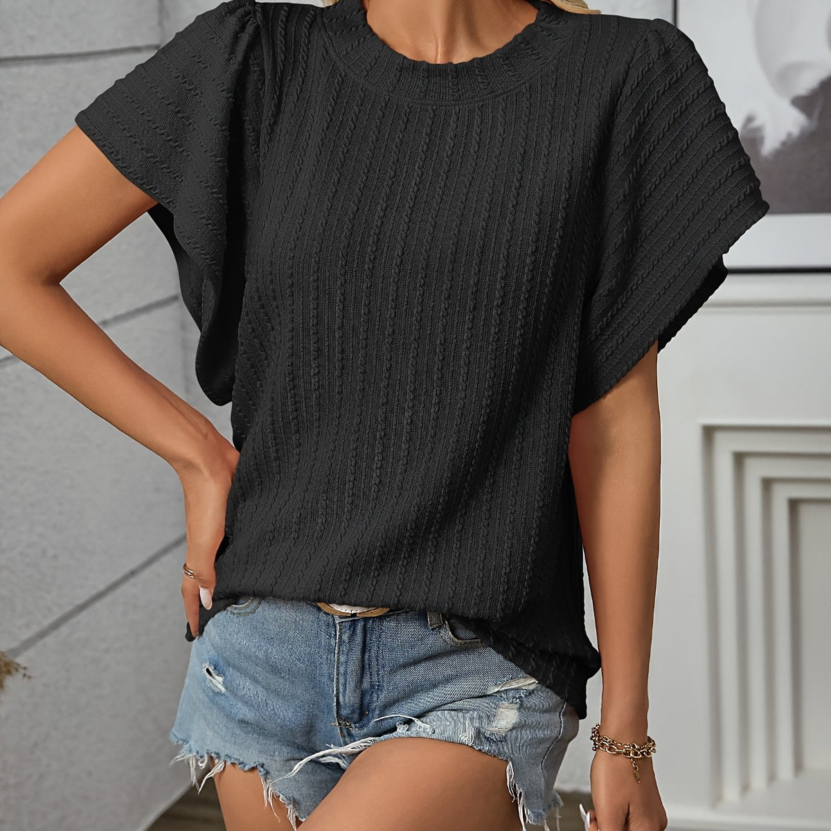 Women's Round Neck Double Layer Ruffle Short Sleeve T-Shirt