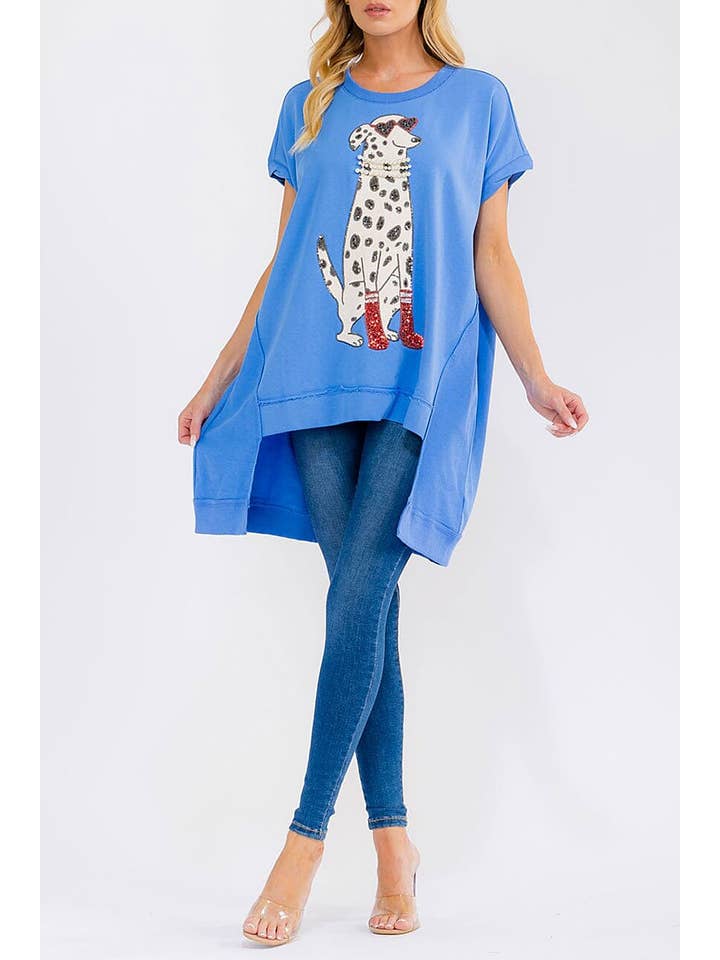 Short Sleeve Sequins Graphic High-Low Oversized Top