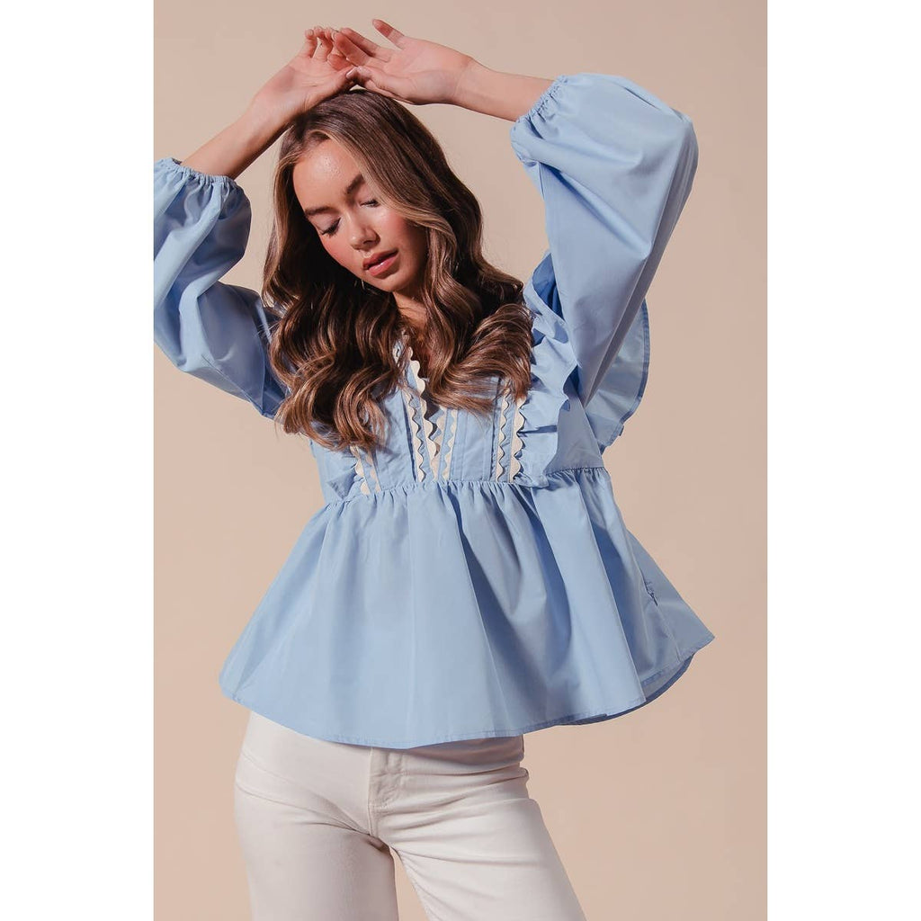 Solid Woven Long Sleeve Top with Wave Trim