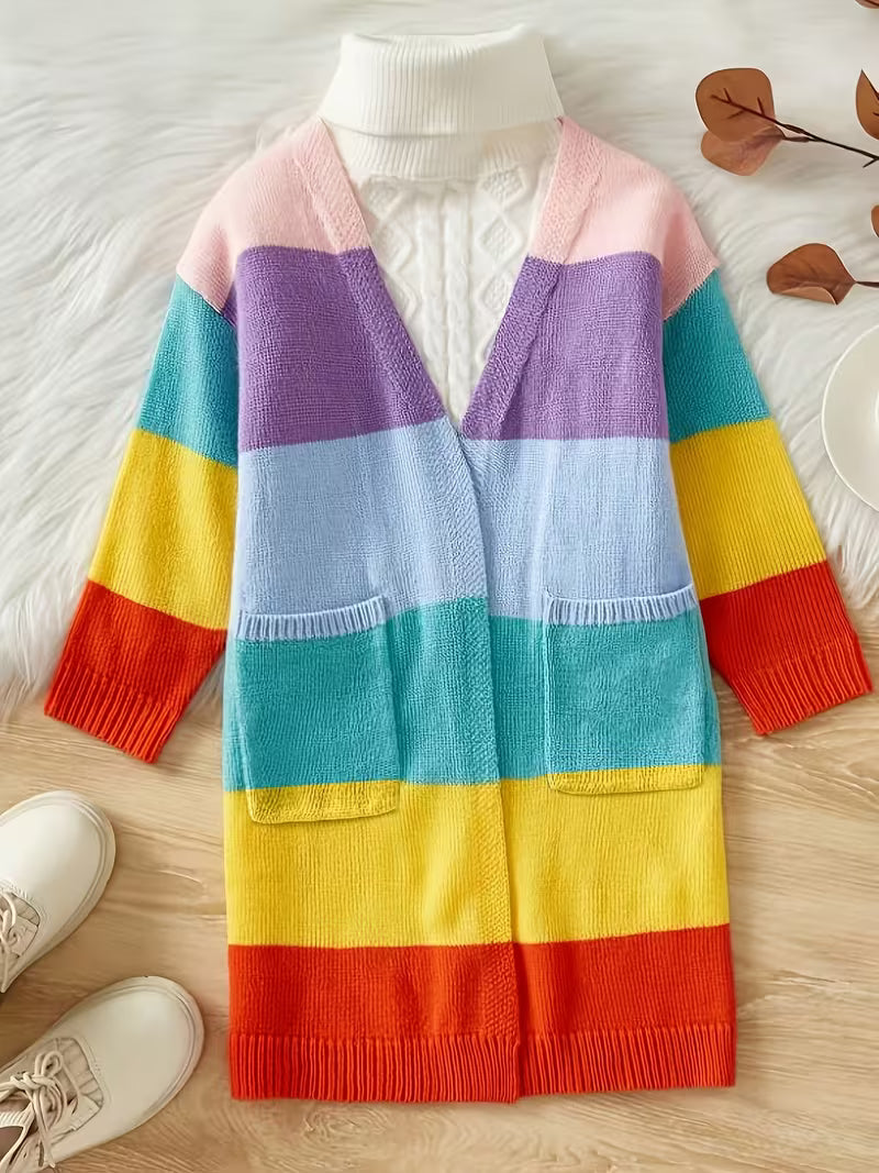 Color-Block Cardigan Girly Cute Color-Block Rainbow Stripe V-Neck — view 6