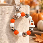 Halloween Beaded Wristlet Keychain, Cute Pumpkin Charm, Orange White Beaded Key Ring, Wristlet Bag Charm for — view 5