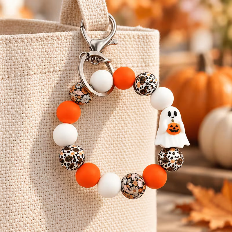 Halloween Beaded Wristlet Keychain, Cute Pumpkin Charm, Orange White Beaded Key Ring, Wristlet Bag Charm for — view 10