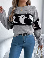 [Halloween] Halloween Women's Casual Autumn And Winter Striped Color-Block Ghost Pattern Long-Sleeve Pullover — view 1