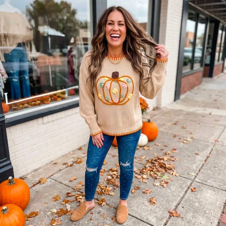 Pumpkin Long Sleeve Round Neck Sweater