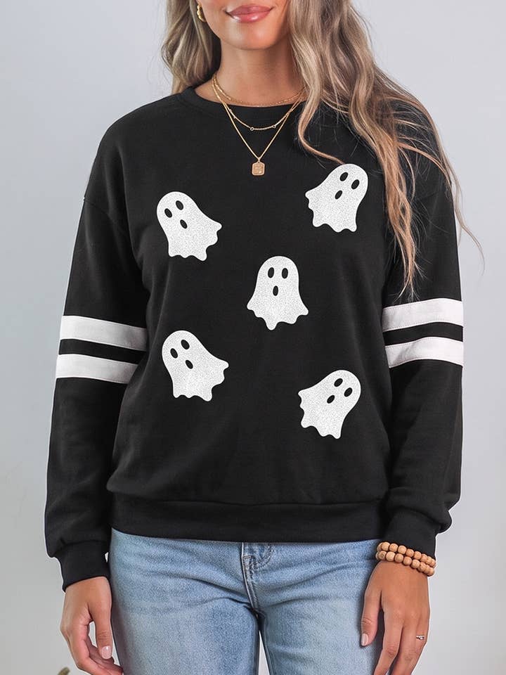 Real Sequin Glitter Ghost Varsity Striped Sleeve Sweatshirt
