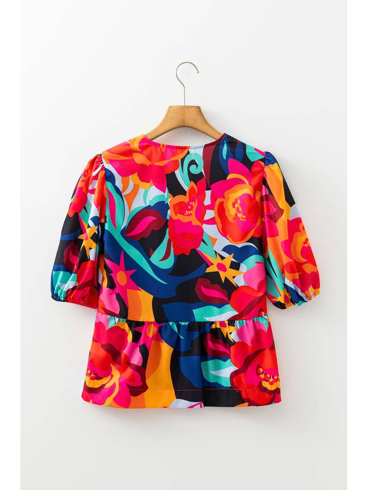 PRETTY BASH Floral Front Tie Puff Sleeve Blouse