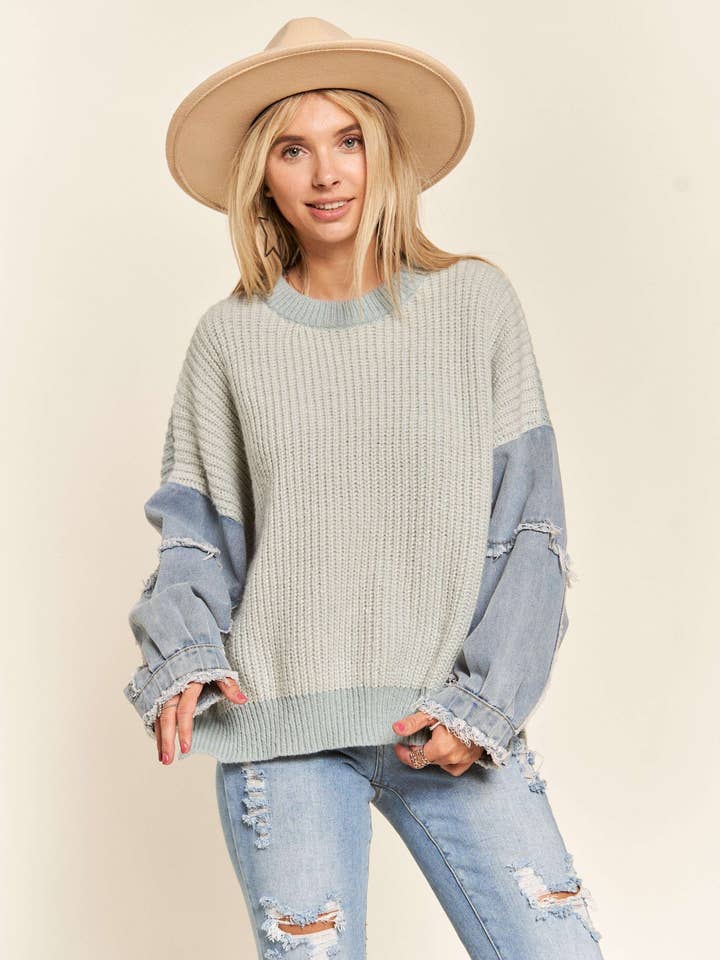 LESW3192 - Frayed Denim Sleeve Sweater Top