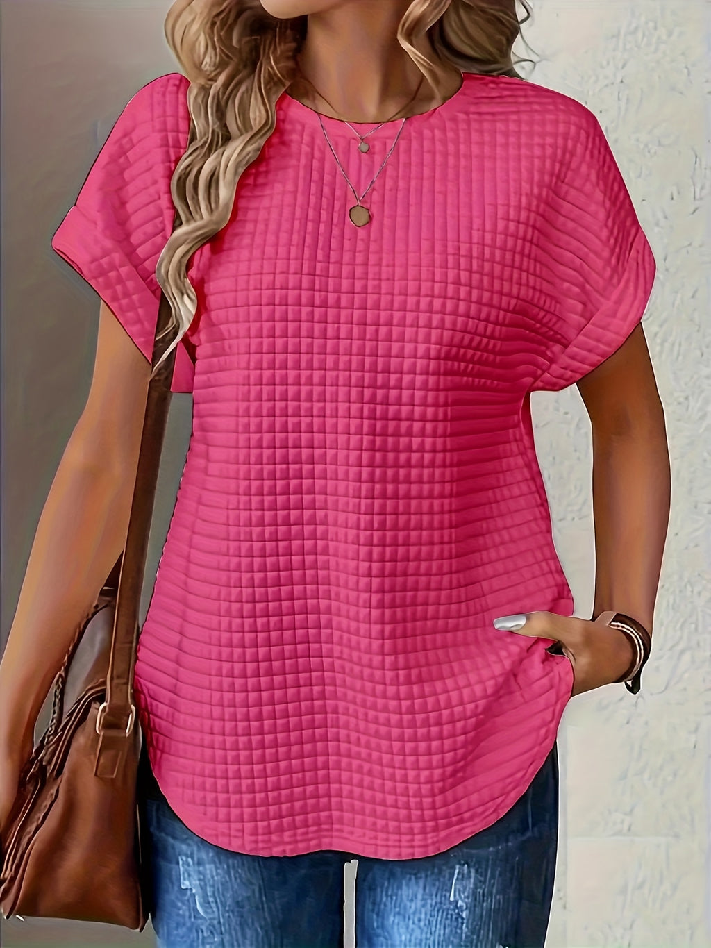 Solid Round Neck Batwing Sleeve T-Shirt Top Loose Short Sleeve