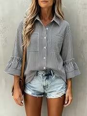 Spring/Summer Striped Commuter Shirt for Women with Ruffle Cuffs, Versatile and Elegant Daily Work Top — view 1
