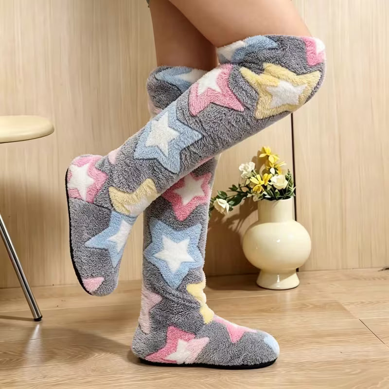 Women'S Over-The-Knee Plush Home Warm Boots, Random Star Print Long Floor Slippers, Floor Socks, Soft Sole — view 13