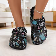 Women's Unique Black Printed Flat Mules, Adjustable Buckle, Lightweight, Casual, Versatile Nurse Shoes, High — view 4