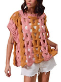 Color Block Open Knit Sweater Vest Top