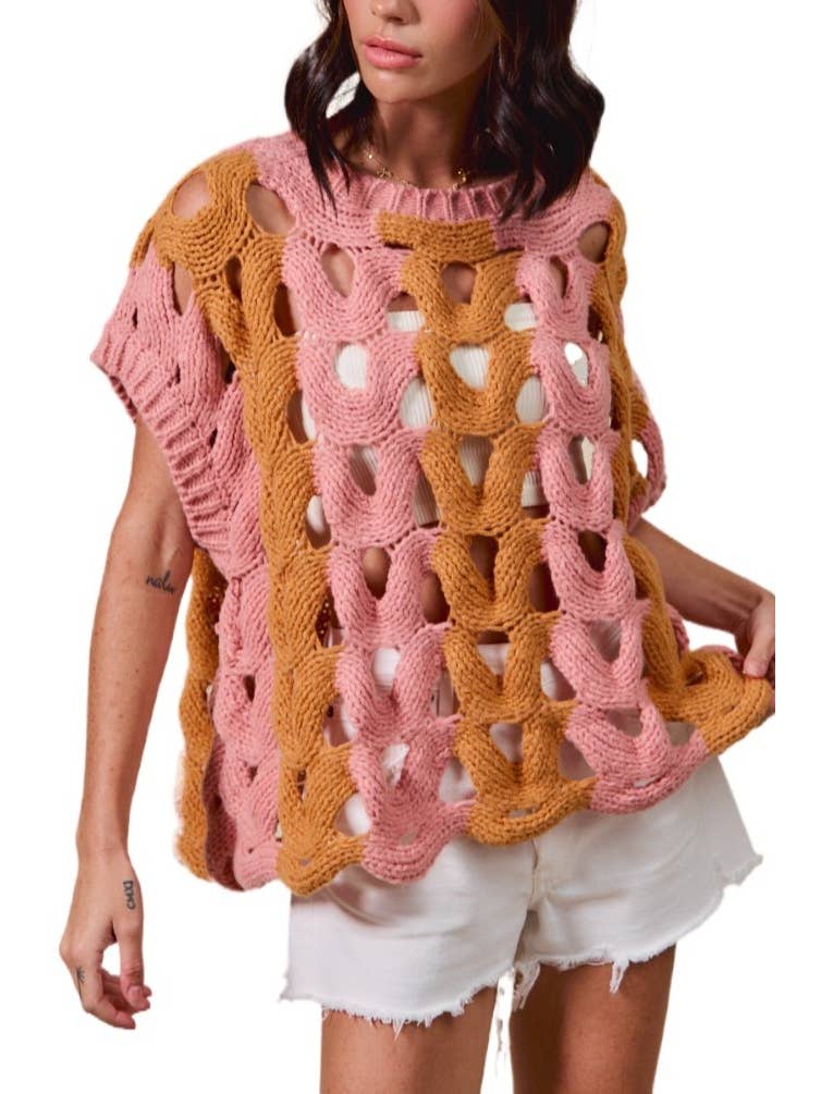 Color Block Open Knit Sweater Vest Top