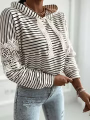 No import chargesStriped Color-Block Floral Lace Patchwork Long-Sleeve Hooded Sweatshirt, Casual Drawstring Lace — view 5
