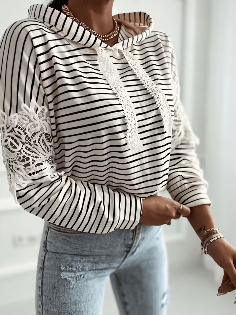 No import chargesStriped Color-Block Floral Lace Patchwork Long-Sleeve Hooded Sweatshirt, Casual Drawstring Lace — view 6