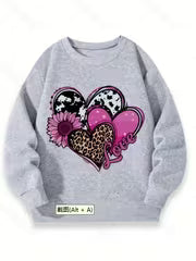 5pcs, Autumn/Winter Girls' Crew Neck Sweatshirt with Vintage Heart Print, Suitable for Casual Daily Wear — view 4