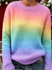Women' Loose Fit Rainbow Stripe Sweater - Multicolor Horizontal Stripes Crewneck Sweater Suitable for Seasons — view 1