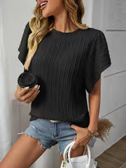 Women's Round Neck Double Layer Ruffle Short Sleeve T-Shirt - Breathable Ribbed, Machine Washable, Solid Color — view 3