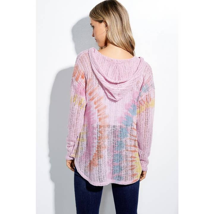 Tie Dye Print Open Knit Hoodie Long Sleeve Sweater