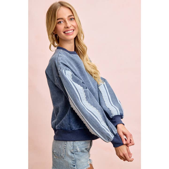 Washed Denim Lace Contrast Sided Sweatshirt Top